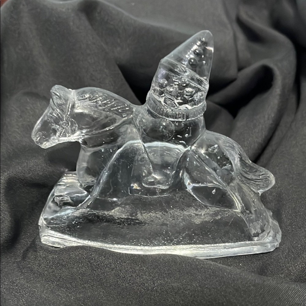 Vintage Glass Candy Holder. Depicts Clown Riding a Horse